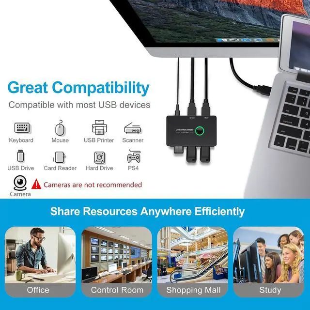 Alt view image 5 of 7 - USB 3.0 Switch, USB Switcher 2 Computers Share 4 USB for PC Mouse Keyboard Printer Scanner, USB KVM Switch Selector Compatible with Windows, Mac, Linux