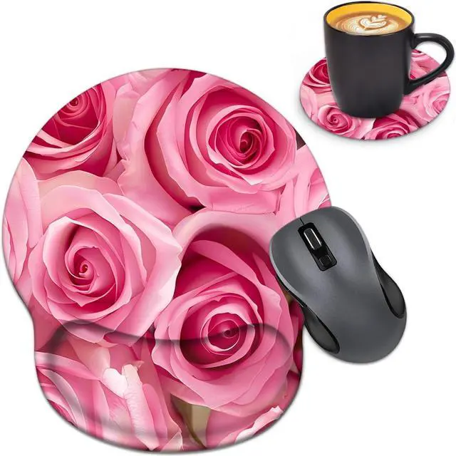Main image of Ergonomic Mouse Pad Wrist Support with Coasters Set, Cute Large Wrist Rest Pad with Non-Slip PU Base for Laptop Computer Home Office Working Gaming Pain Relief, Pink Roses