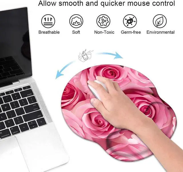 Alt view image 2 of 6 - Ergonomic Mouse Pad Wrist Support with Coasters Set, Cute Large Wrist Rest Pad with Non-Slip PU Base for Laptop Computer Home Office Working Gaming Pain Relief, Pink Roses