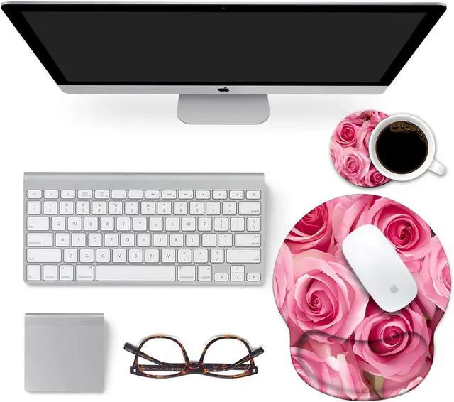 Alt view image 6 of 6 - Ergonomic Mouse Pad Wrist Support with Coasters Set, Cute Large Wrist Rest Pad with Non-Slip PU Base for Laptop Computer Home Office Working Gaming Pain Relief, Pink Roses