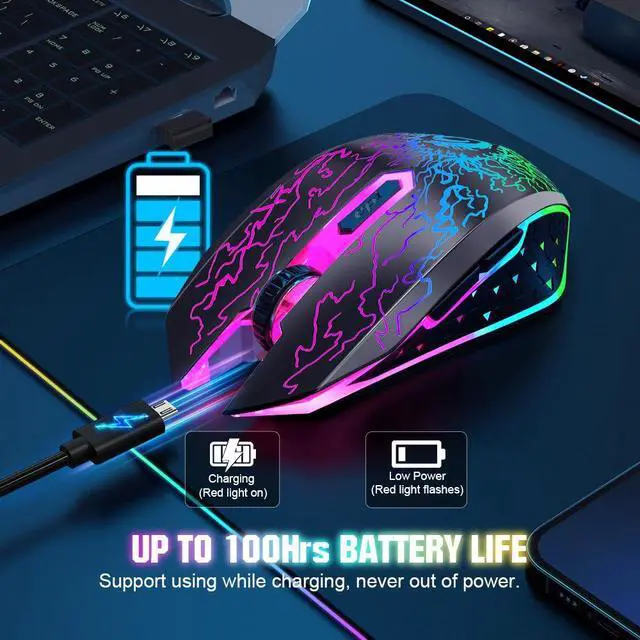 Alt view image 6 of 7 - VersionTECH. Wireless Gaming Mouse, Rechargeable Computer Mouse Mice with Colorful LED Lights, Silent Click, 2.4G USB Nano Receiver, 3 Level DPI for PC Gamer Laptop Desktop Chromebook Mac-Black