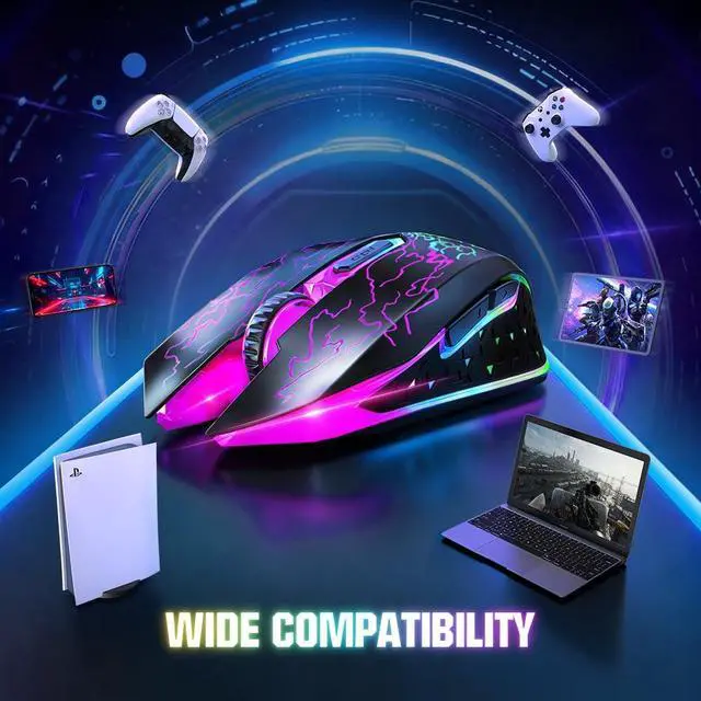Alt view image 7 of 7 - VersionTECH. Wireless Gaming Mouse, Rechargeable Computer Mouse Mice with Colorful LED Lights, Silent Click, 2.4G USB Nano Receiver, 3 Level DPI for PC Gamer Laptop Desktop Chromebook Mac-Black