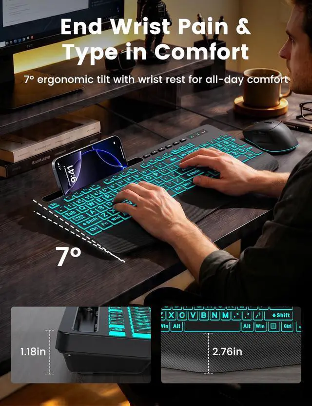 Alt view image 4 of 7 - KM21Pro Wired Keyboard and Mouse Combo, 4X Larger Print Backlit Keys, Palm Rest, Ergonomic Design, USB Plug & Play for Windows PC Laptop, Ideal for Seniors, Students, Home & Office