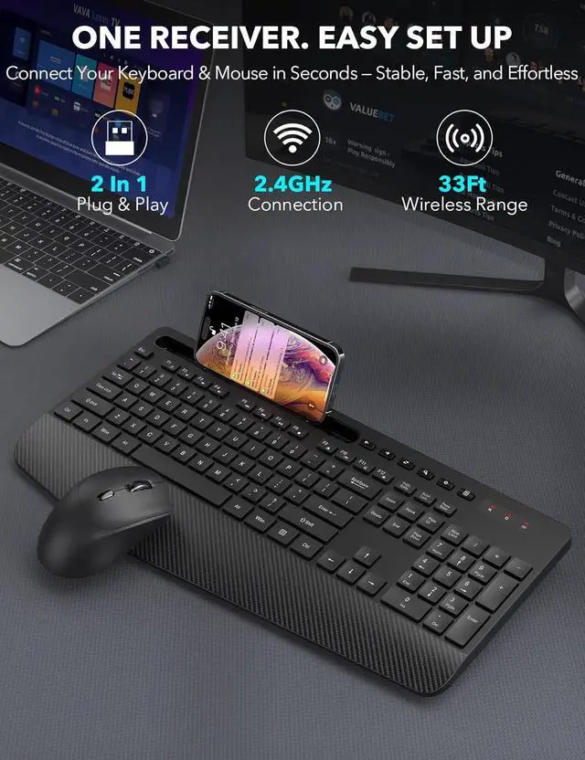 Alt view image 4 of 7 - Wireless Keyboard and Mouse Combo - Full-Sized, Ergonomic Wrist Rest | Phone Holder, Sleep Mode, 2.4G Quiet Keyboard for PC Laptop, Trueque KM23 Complete Work Setup for Office or Home