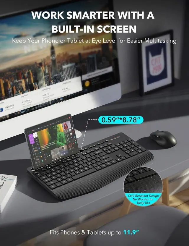 Alt view image 3 of 7 - Wireless Keyboard and Mouse Combo - Full-Sized, Ergonomic Wrist Rest | Phone Holder, Sleep Mode, 2.4G Quiet Keyboard for PC Laptop, Trueque KM23 Complete Work Setup for Office or Home