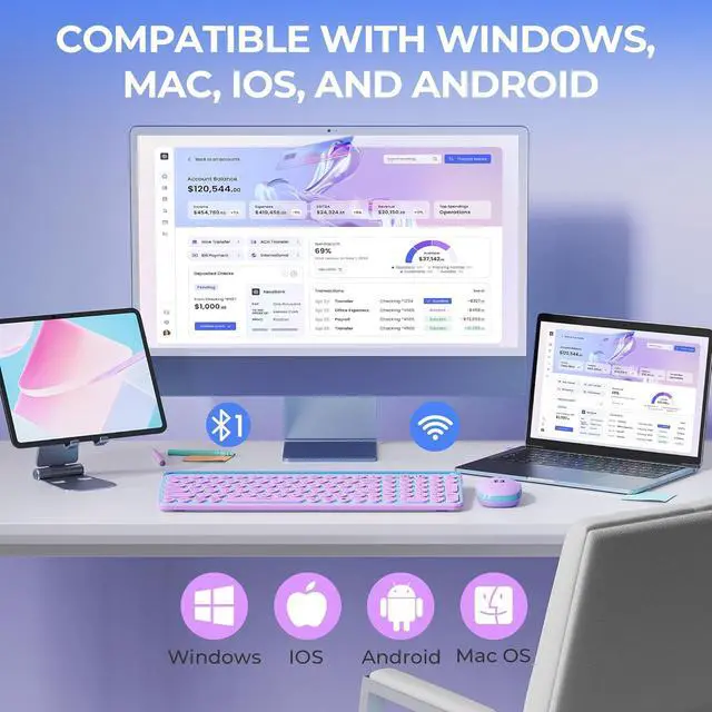 Alt view image 7 of 7 - seenda CTU-301 Bluetooth Keyboard and Mouse Combo for iPad,Blue&Purple | Bluetooth+2.4G combo with tablet holder, full-size keys and quiet clicks for iPad, iPhone, Mac, Windows and Android.