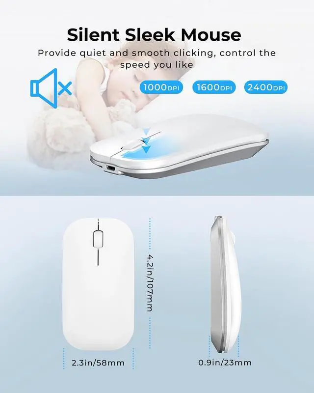 Alt view image 5 of 7 - seenda SKM64-3 Wireless Bluetooth Keyboard Mouse Combo for Windows and Mac | USB and dual Bluetooth multi-device switching, quiet, rechargeable, full-size slim set for PC, MacBook, iPad, White Silver
