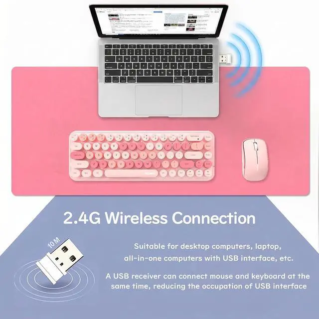 Alt view image 2 of 7 - Compact Wireless Keyboard and Mouse Combo, Colorful Round Keycap, Soundless 68 Keys, Suitable for Girls and Kids, Compatible with Notebook, PC (Pink)