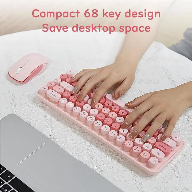 Alt view image 4 of 7 - Compact Wireless Keyboard and Mouse Combo, Colorful Round Keycap, Soundless 68 Keys, Suitable for Girls and Kids, Compatible with Notebook, PC (Pink)