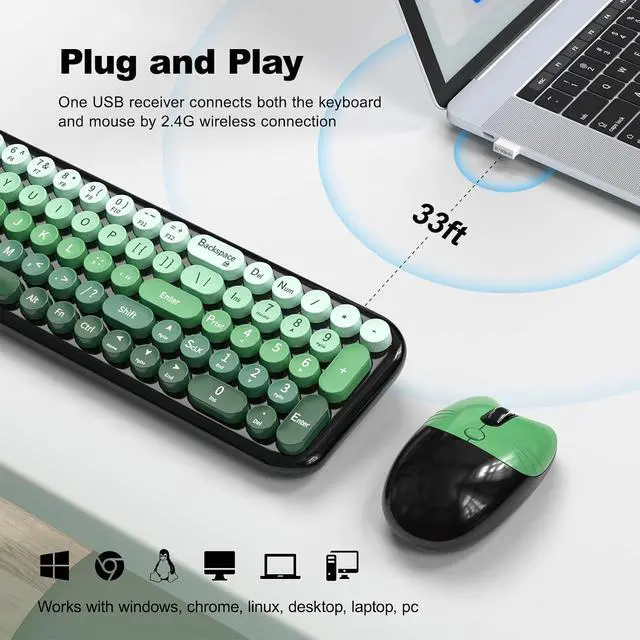 Alt view image 2 of 7 - MOFII Wireless Keyboard and Mouse Combo, Compact Typewriter Retro Round Computer Keyboard and Mouse Set, Plug and Play, for Windows, Computer, Desktop, PC, Notebook - Black Green Gradient