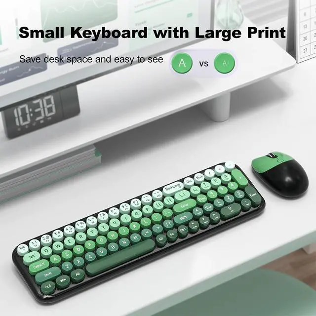 Alt view image 3 of 7 - MOFII Wireless Keyboard and Mouse Combo, Compact Typewriter Retro Round Computer Keyboard and Mouse Set, Plug and Play, for Windows, Computer, Desktop, PC, Notebook - Black Green Gradient