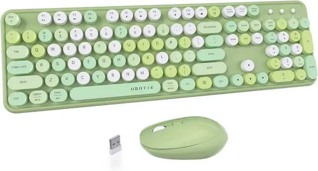 Main image of UBOTIE Colorful Wireless Keyboard and Mouse Combo (Green-Colorful) | Retro Typewriter Floating Full-Sized Keys Computer Keyboard with Optical Mouse, 2.4GHz USB Connection for Windows Mac