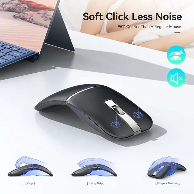 Alt view image 4 of 7 - Bluetooth Wireless Arc Travel Mouse, Bluetooth 5.0/4.0 & 2.4G Tri-Mode, Rotating Foldable Ergonomic Mice, Type-C Rechargeable Multi-Device for Microsoft Laptop, PC, MacBook, Chromebook, Lenovo - Black