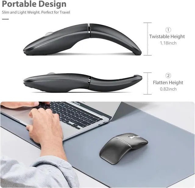 Alt view image 5 of 7 - Bluetooth Wireless Arc Travel Mouse, Bluetooth 5.0/4.0 & 2.4G Tri-Mode, Rotating Foldable Ergonomic Mice, Type-C Rechargeable Multi-Device for Microsoft Laptop, PC, MacBook, Chromebook, Lenovo - Black