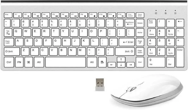 Main image of Keyboard and Mouse Wireless, USB 2.4GHz Combo Silent Quiet Low Profile Compact Full Size Flat Slim Thin Portable with Number Pad Soft Cover for PC Laptop Computer Office - White & Silver