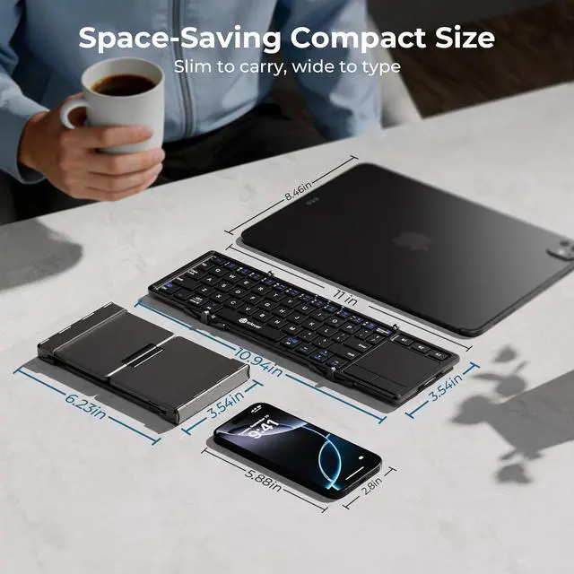 Alt view image 7 of 7 - iClever BK08 Foldable Keyboard with Touchpad for Phone and Tablet, Gray | Multi-Touch Trackpad, Pocket-Sized, Aluminum Build, 3-Device Bluetooth Switching, USB-C Charging, for Travel and Remote Work
