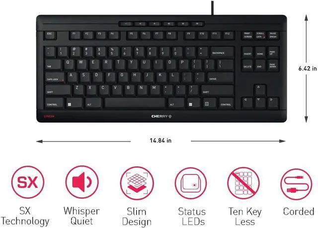 Alt view image 4 of 6 - Cherry Stream Wired Keyboard Without Number Pad, Compact TKL | Whisper Quiet Keys, Unique Typing Feel, Slim Design, SX Scissor Switches, QWERTY, Black