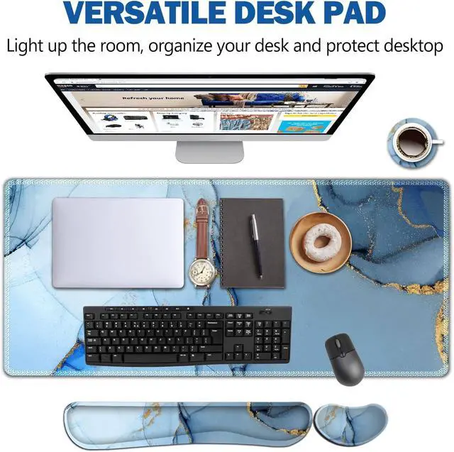 Alt view image 2 of 7 - AIMSA Large Gaming Mouse Pad Set, Keyboard Wrist Rest Support Mouse Pad, Ergonomic Memory Foam Multifunctional Extended Desk Mat 35x15.7in Anti-Slip Rubber Base for Office Home, Blue Marble