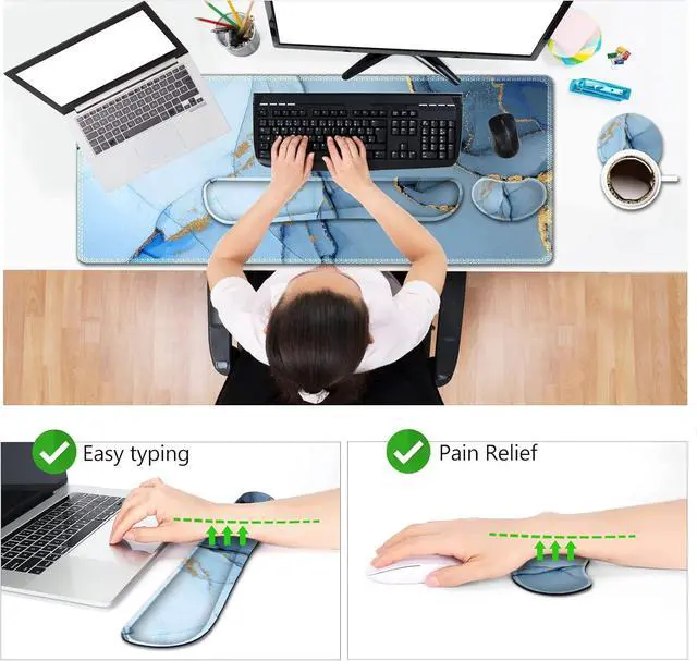 Alt view image 3 of 7 - AIMSA Large Gaming Mouse Pad Set, Keyboard Wrist Rest Support Mouse Pad, Ergonomic Memory Foam Multifunctional Extended Desk Mat 35x15.7in Anti-Slip Rubber Base for Office Home, Blue Marble
