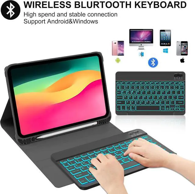 Alt view image 4 of 7 - Keyboard Case for iPad(A16) 11th 11" 2025/10th 10.9" 2022, Backlit Black | Backlit, Magnetic, Detachable Wireless, Multi-Angle, S Pen Holder, Slim and Lightweight, PU Protection, Rechargeable