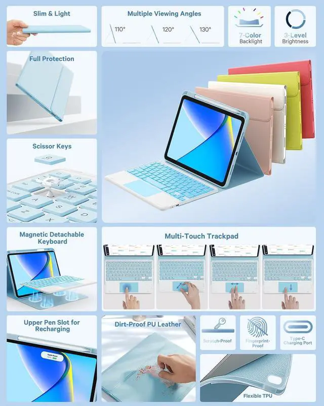 Alt view image 3 of 7 - GreenLaw Compatible for iPad 11th(A16)/10th Generation Case with Keyboard | Detachable Keyboard Case, 7-Color Backlit, Precision Touchpad, Built-in Pencil Holder, Stain-Resistant Cover, Sky Blue