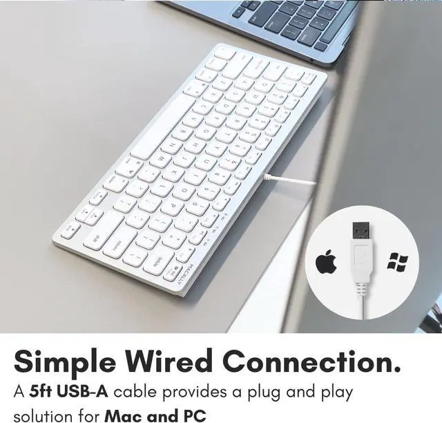 Alt view image 5 of 7 - Macally Small Wired Keyboard for Mac and Windows - 78 Scissor Switch Keys Compatible Apple Keyboard - USB Mini Keyboard that Saves Space and Looks Great - Plug and Play Wired Mac Keyboard - Aluminum