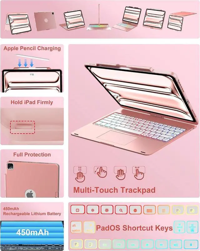 Alt view image 3 of 7 - Keyboard Case for iPad Air 13 inch (M3/M2) & iPad Pro 13, iPad Pro 12.9 (6th/5th/4th/3rd Gen), 7 Modes Rainbow Backlit, Wireless Multi-Touch Trackpad, 360° Rotatable Protective Case with Pencil Holder