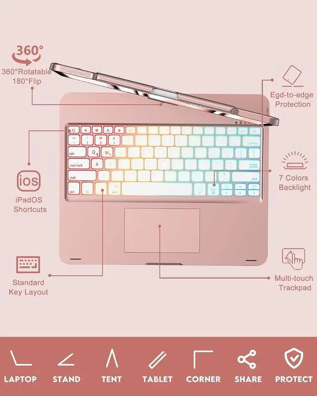 Alt view image 4 of 7 - Keyboard Case for iPad Air 13 inch (M3/M2) & iPad Pro 13, iPad Pro 12.9 (6th/5th/4th/3rd Gen), 7 Modes Rainbow Backlit, Wireless Multi-Touch Trackpad, 360° Rotatable Protective Case with Pencil Holder