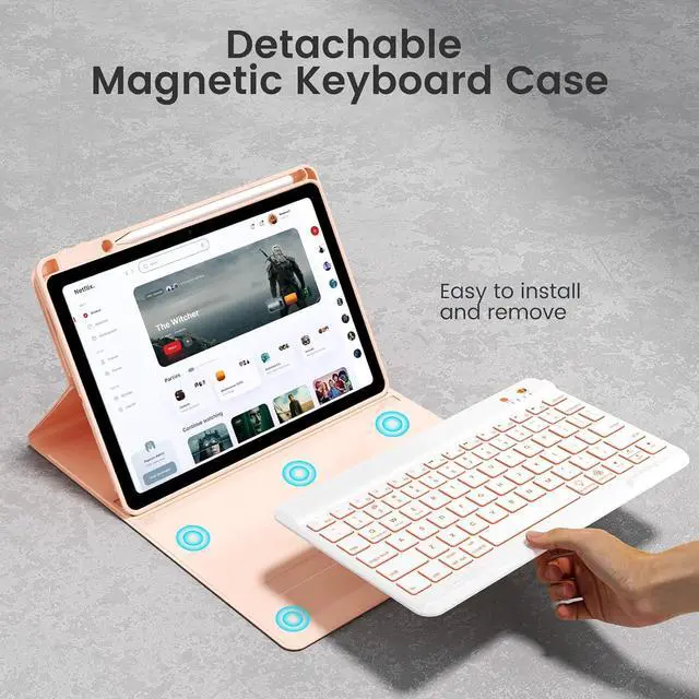 Alt view image 3 of 7 - 7-Color Backlit Keyboard Case for iPad 9.7 Inch 6th 5th Gen Air 2/Air 1, Detachable Wireless Bluetooth Keyboard with Pencil Holder, Auto Sleep Wake Stand Folio Protective Cover (Pink)
