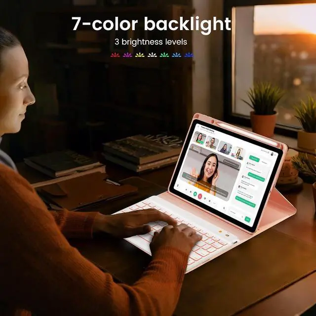 Alt view image 5 of 7 - 7-Color Backlit Keyboard Case for iPad 9.7 Inch 6th 5th Gen Air 2/Air 1, Detachable Wireless Bluetooth Keyboard with Pencil Holder, Auto Sleep Wake Stand Folio Protective Cover (Pink)