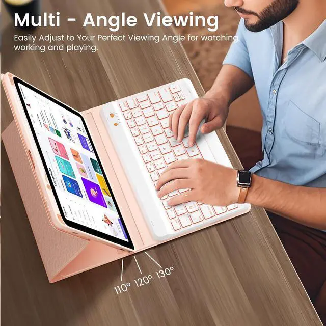 Alt view image 7 of 7 - 7-Color Backlit Keyboard Case for iPad 9.7 Inch 6th 5th Gen Air 2/Air 1, Detachable Wireless Bluetooth Keyboard with Pencil Holder, Auto Sleep Wake Stand Folio Protective Cover (Pink)