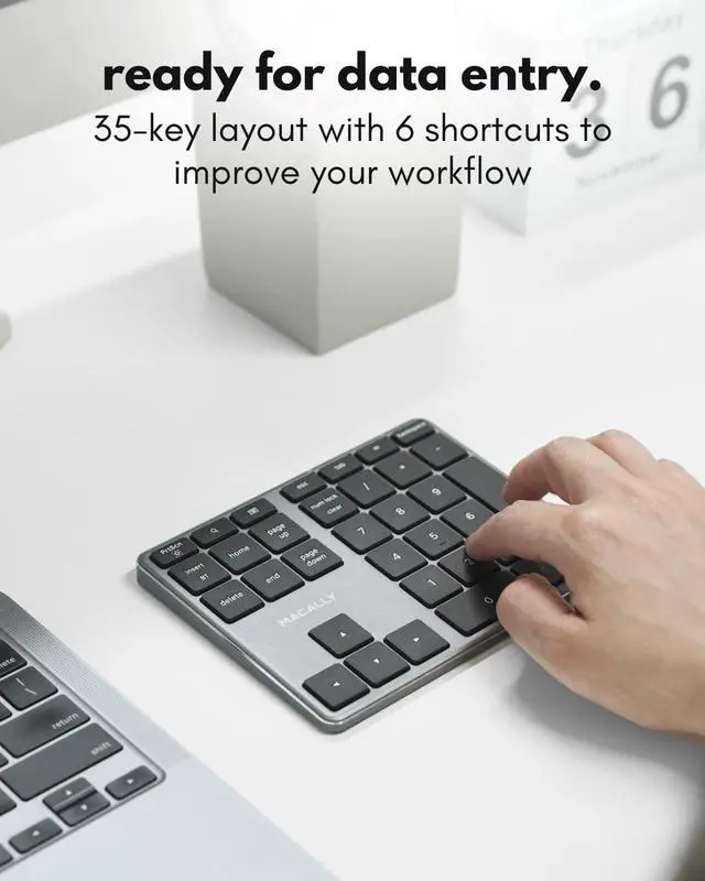Alt view image 2 of 7 - Macally Bluetooth Number Pad for Laptop - Slim Aluminum Design - Rechargeable Wireless Numeric Keypad - 35 Key Numpad Keyboard for Data Entry - for Mac, MacBook Pro/Air, iPad, iPhone, iOS, PC, Android