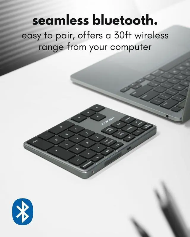 Alt view image 3 of 7 - Macally Bluetooth Number Pad for Laptop - Slim Aluminum Design - Rechargeable Wireless Numeric Keypad - 35 Key Numpad Keyboard for Data Entry - for Mac, MacBook Pro/Air, iPad, iPhone, iOS, PC, Android