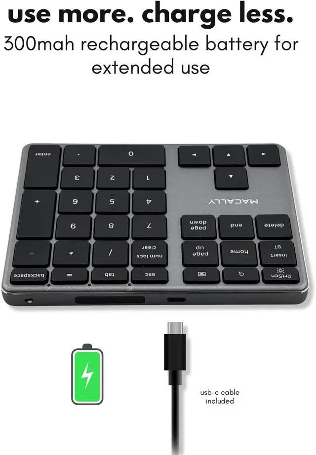 Alt view image 7 of 7 - Macally Bluetooth Number Pad for Laptop - Slim Aluminum Design - Rechargeable Wireless Numeric Keypad - 35 Key Numpad Keyboard for Data Entry - for Mac, MacBook Pro/Air, iPad, iPhone, iOS, PC, Android
