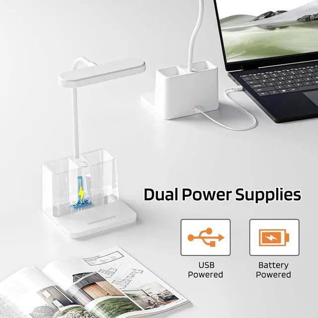 Alt view image 5 of 7 - Small Desk Lamp, Rechargeable Cute Table Light for Kids Teens | for College Dorm Room, Home Office, Bedroom, White, LED, Pen Holder, Mini, Gooseneck, Computer Task, Desktop Study