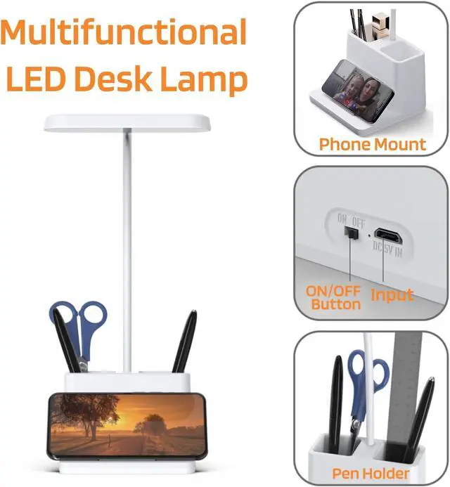 Alt view image 4 of 7 - Small Desk Lamp, Rechargeable Cute Table Light for Kids Teens | for College Dorm Room, Home Office, Bedroom, White, LED, Pen Holder, Mini, Gooseneck, Computer Task, Desktop Study