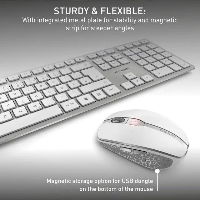 Alt view image 6 of 6 - CHERRY DW 9100 Slim, Wireless Keyboard and Mouse Set, Bluetooth & 2.4 GHz RF Connection, Quiet Keys, Comfortable Writing, Rechargeable, QWERTY, Silver/White