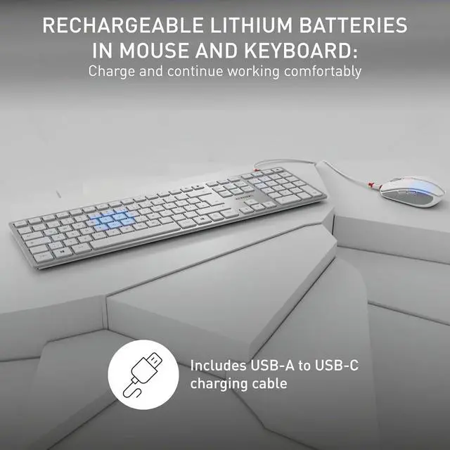 Alt view image 3 of 6 - CHERRY DW 9100 Slim, Wireless Keyboard and Mouse Set, Bluetooth & 2.4 GHz RF Connection, Quiet Keys, Comfortable Writing, Rechargeable, QWERTY, Silver/White