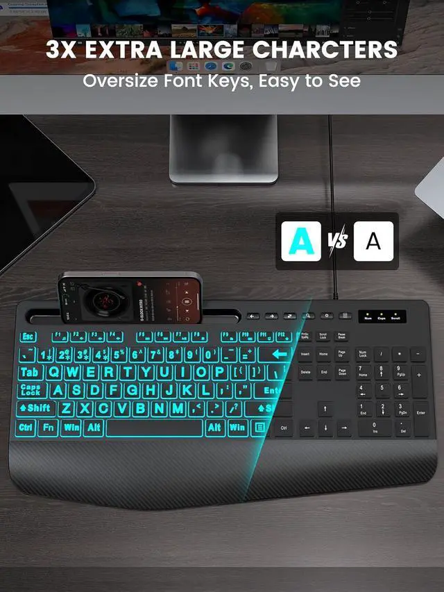 Alt view image 2 of 7 - SABLUTE Large Print Wired Keyboard, Ergo Wrist Rest, 7 Colors Backlight | K21 Pro Computer Keyboards with Phone Holder, Oversized Letter keys Easy to See and Type for Laptop, PC, Windows, Black