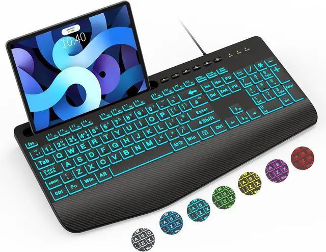 Main image of SABLUTE Large Print Wired Keyboard, Ergo Wrist Rest, 7 Colors Backlight | K21 Pro Computer Keyboards with Phone Holder, Oversized Letter keys Easy to See and Type for Laptop, PC, Windows, Black