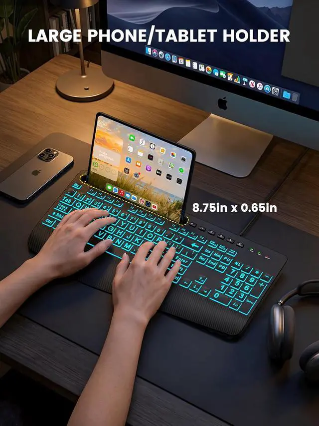 Alt view image 4 of 7 - SABLUTE Large Print Wired Keyboard, Ergo Wrist Rest, 7 Colors Backlight | K21 Pro Computer Keyboards with Phone Holder, Oversized Letter keys Easy to See and Type for Laptop, PC, Windows, Black