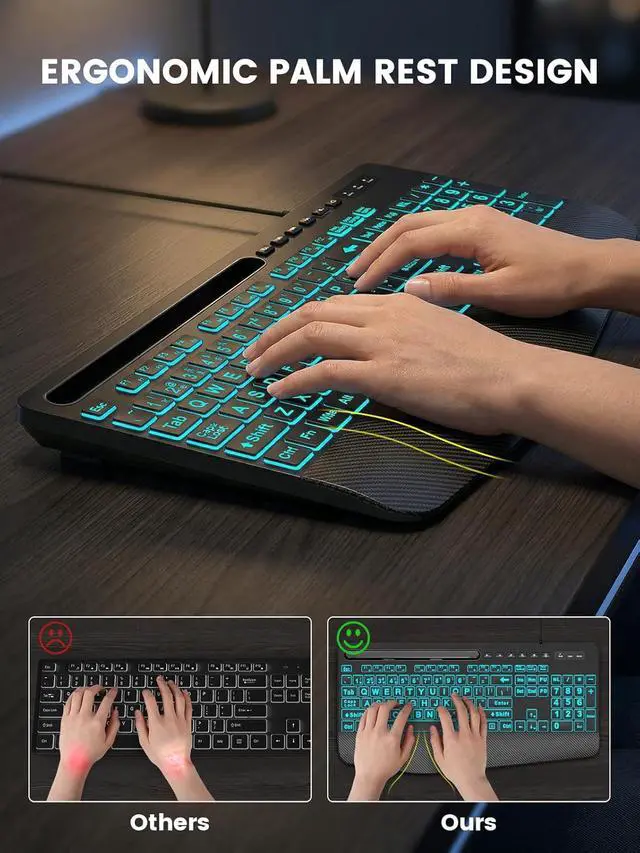 Alt view image 3 of 7 - SABLUTE Large Print Wired Keyboard, Ergo Wrist Rest, 7 Colors Backlight | K21 Pro Computer Keyboards with Phone Holder, Oversized Letter keys Easy to See and Type for Laptop, PC, Windows, Black