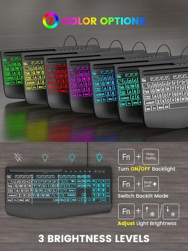 Alt view image 5 of 7 - SABLUTE Large Print Wired Keyboard, Ergo Wrist Rest, 7 Colors Backlight | K21 Pro Computer Keyboards with Phone Holder, Oversized Letter keys Easy to See and Type for Laptop, PC, Windows, Black