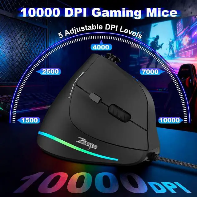 Alt view image 2 of 6 - TRELC Wired Gaming Mouse with 5 D Rocker, 10000 DPI/11 Programmable Buttons, Vertical Ergonomic Mouse with On-Board Memory, Optical Computer Mice for PC/Laptop/E-Sports/Gamer