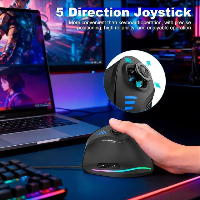 Alt view image 3 of 6 - TRELC Wired Gaming Mouse with 5 D Rocker, 10000 DPI/11 Programmable Buttons, Vertical Ergonomic Mouse with On-Board Memory, Optical Computer Mice for PC/Laptop/E-Sports/Gamer