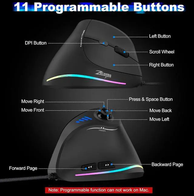 Alt view image 5 of 6 - TRELC Wired Gaming Mouse with 5 D Rocker, 10000 DPI/11 Programmable Buttons, Vertical Ergonomic Mouse with On-Board Memory, Optical Computer Mice for PC/Laptop/E-Sports/Gamer