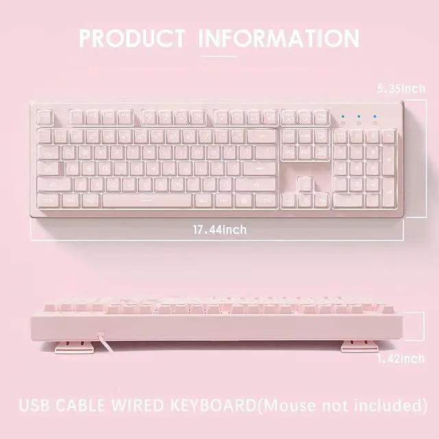 Alt view image 4 of 7 - Basaltech Pink Wired Keyboard with Rainbow LED Backlit | Full Size 104 Key USB Gaming Keyboard,Quiet Creamy Typing and Double Shot Keycaps Light Up Keyboard for PC, Mac, Laptop