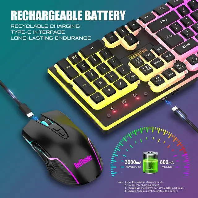 Alt view image 4 of 7 - RedThunder K10 Wireless Gaming Keyboard and Mouse Combo, RGB Backlit Rechargeable 3800mAh Battery, Mechanical Feel Anti-ghosting Keyboard with Pudding Keycaps + 7D 3200DPI Mice for PC Gamer (Black)
