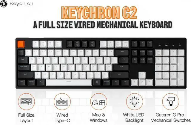 Alt view image 6 of 7 - Keychron C2 Full Size 104 Keys Wired Mechanical Gaming Keyboard for Mac Layout, Gateron G Pro Brown Switch/White LED Backlight/Double Shot ABS Keycaps/USB C Computer Keyboard for Windows Laptop