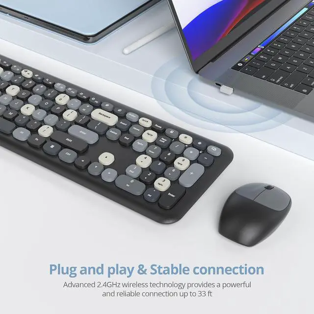 Alt view image 2 of 7 - Black White Wireless Keyboard and Mouse Combo, 2.4GHz Retro Typewriter Keyboard, Full Size Cute Key Board with Number Pad, Home and Office Silent Keyboards (Black Mixed)